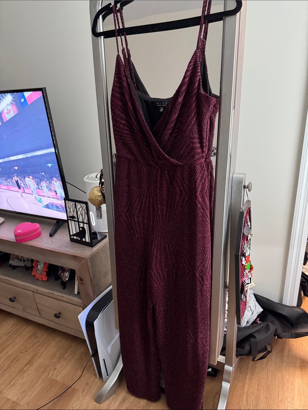 Women's Sparkle Burgundy Jumpsuit Dress - Elegant Evening Wear